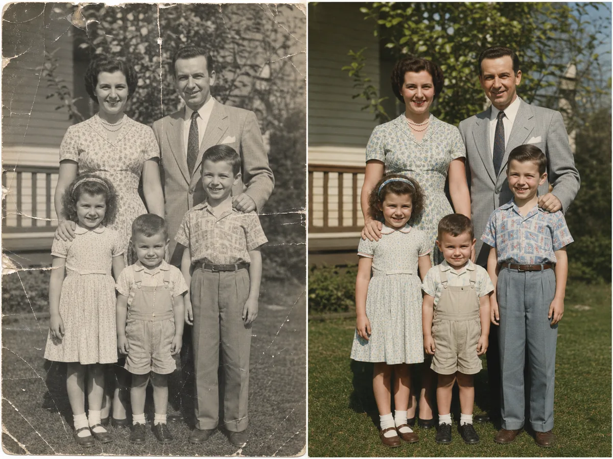 Muse Image AI photo restoration sample — a faded, scratched old photo restored to sharp, clean color